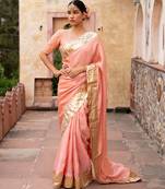 Peach embroidered pure tissue silk saree