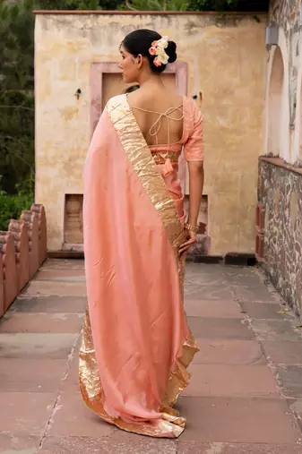 Peach embroidered pure tissue silk saree