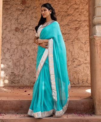 Sky blue embroidered pure georgette saree 1