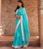 Sky blue embroidered pure georgette saree