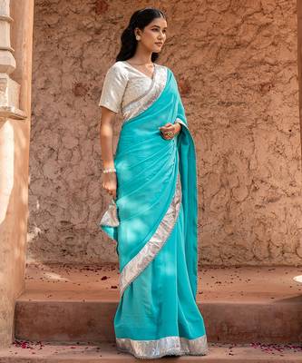 Sky blue embroidered pure georgette saree 3