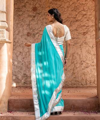 Sky blue embroidered pure georgette saree 4