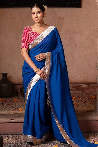 Royal blue embroidered pure georgette saree