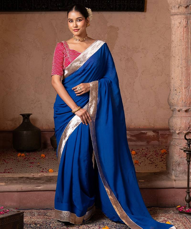 Royal blue embroidered pure georgette saree