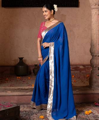 Royal blue embroidered pure georgette saree 2