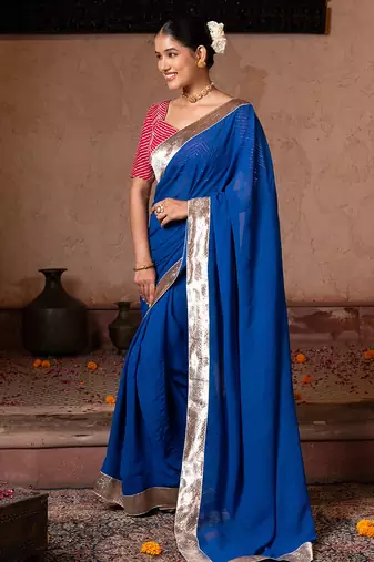 Royal blue embroidered pure georgette saree