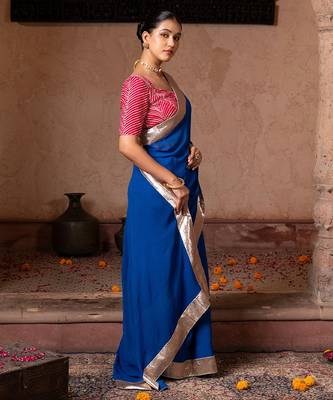 Royal blue embroidered pure georgette saree 3