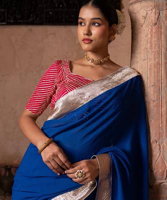 Royal blue embroidered pure georgette saree 4