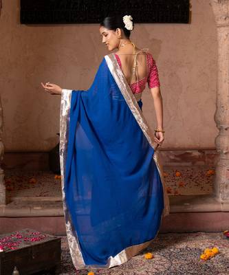 Royal blue embroidered pure georgette saree 5