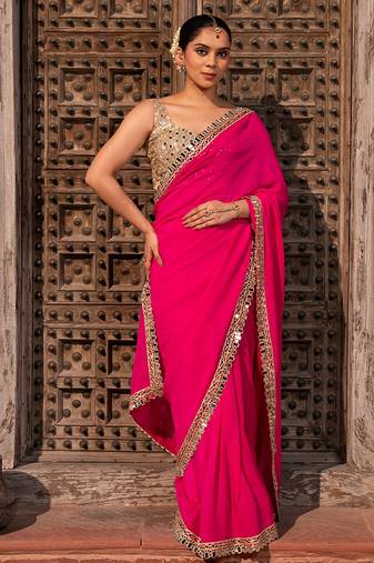 Fuschia pink embroidered pure georgette saree