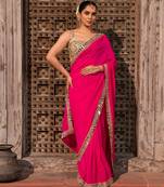 Fuschia pink embroidered pure georgette saree