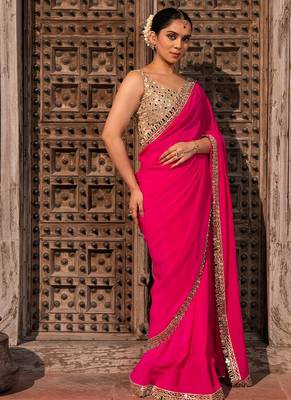 Fuschia pink embroidered pure georgette saree 2