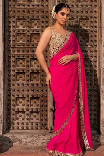 Fuschia pink embroidered pure georgette saree