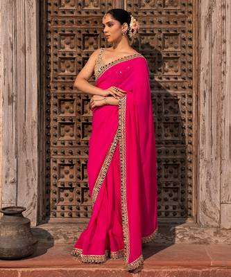 Fuschia pink embroidered pure georgette saree 3
