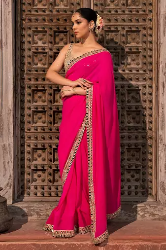 Fuschia pink embroidered pure georgette saree