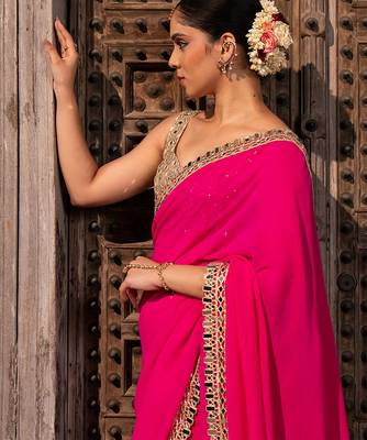 Fuschia pink embroidered pure georgette saree 5