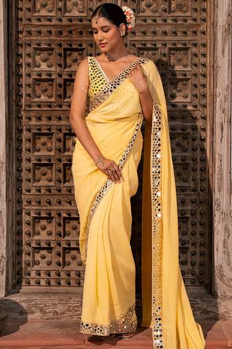 Butter yellow embroidered pure georgette saree