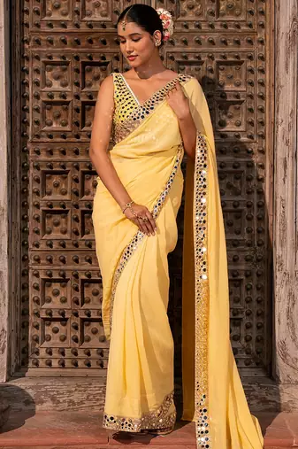 Butter yellow embroidered pure georgette saree