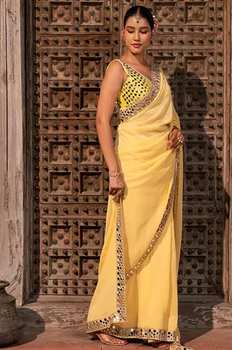 Butter yellow embroidered pure georgette saree