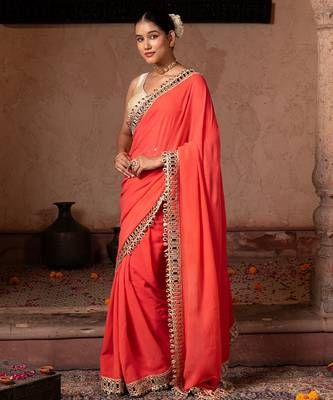Coral orange embroidered pure georgette saree 3