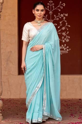 Sky blue embroidered pure georgette saree