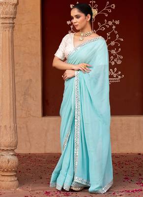Sky blue embroidered pure georgette saree 3