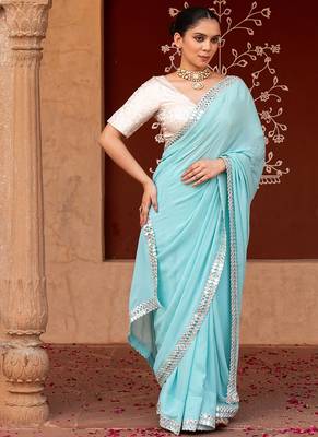 Sky blue embroidered pure georgette saree 5