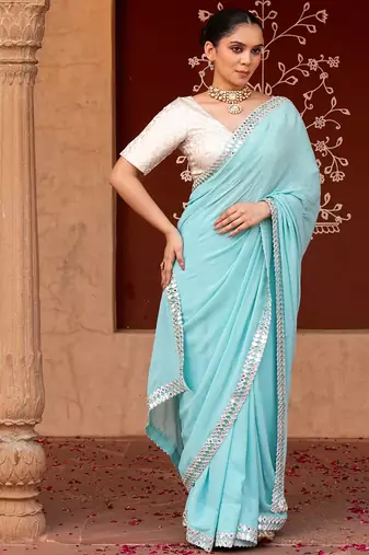 Sky blue embroidered pure georgette saree