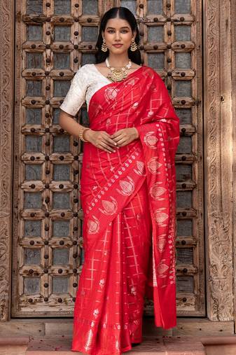 Red embroidered pure silk saree