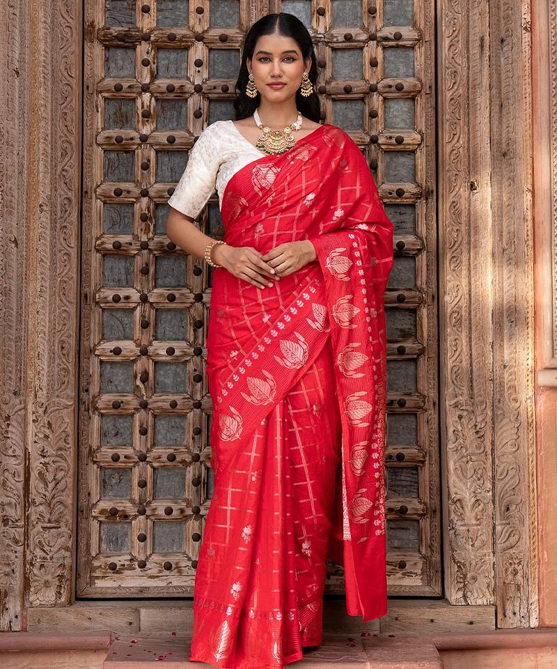 Red embroidered pure silk saree