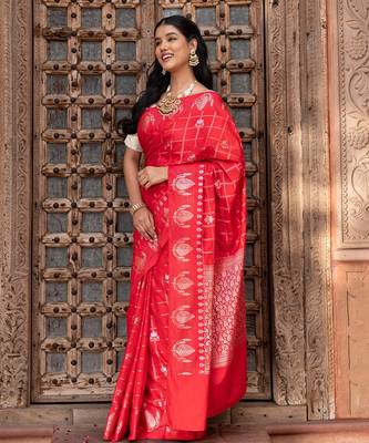 Red embroidered pure silk saree 2