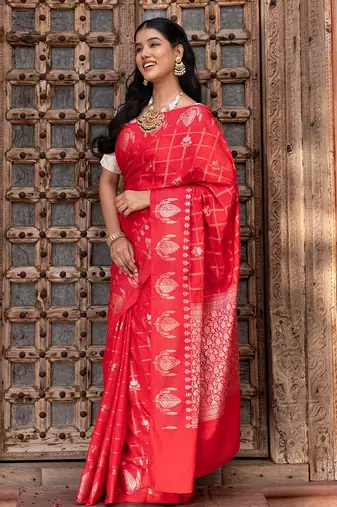 Red embroidered pure silk saree