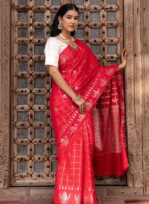 Red embroidered pure silk saree 3