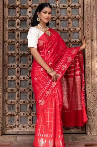 Red embroidered pure silk saree