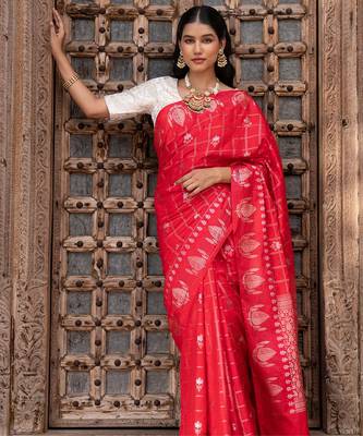 Red embroidered pure silk saree 4