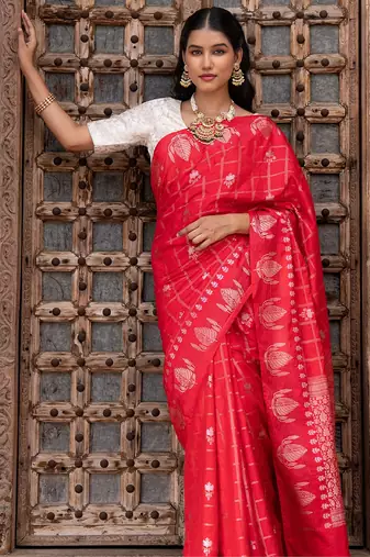 Red embroidered pure silk saree