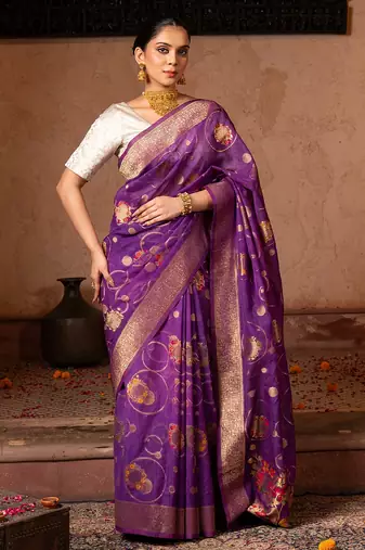 Purple embroidered pure tissue silk saree