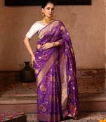 Purple embroidered pure tissue silk saree
