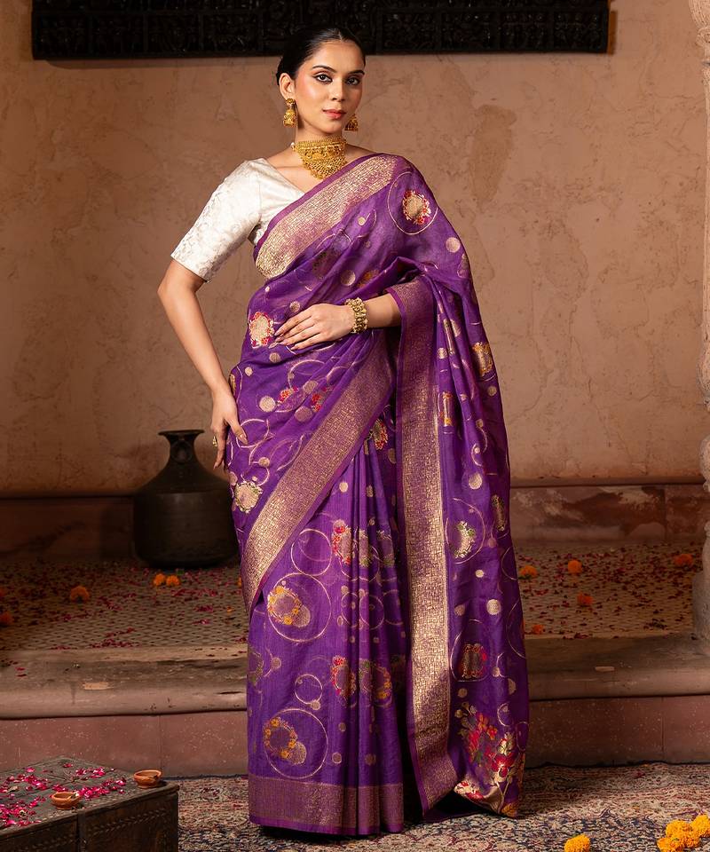 Purple embroidered pure tissue silk saree