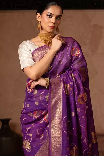 Purple embroidered pure tissue silk saree