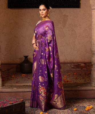 Purple embroidered pure tissue silk saree 5