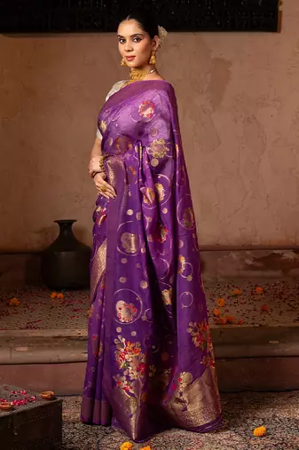 Purple embroidered pure tissue silk saree