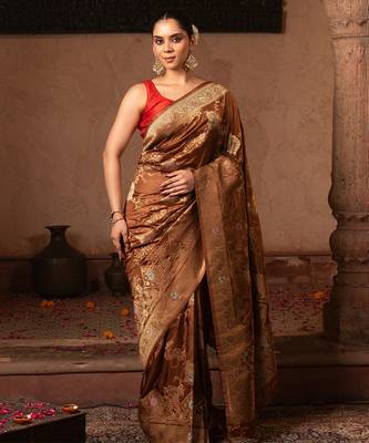 Coffee brown embroidered pure katan silk saree 1