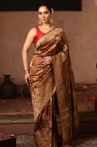 Coffee brown embroidered pure katan silk saree