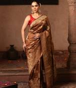 Coffee brown embroidered pure katan silk saree