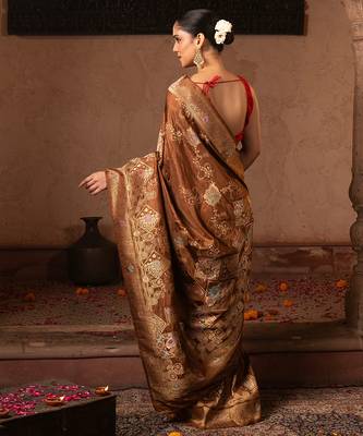 Coffee brown embroidered pure katan silk saree 2