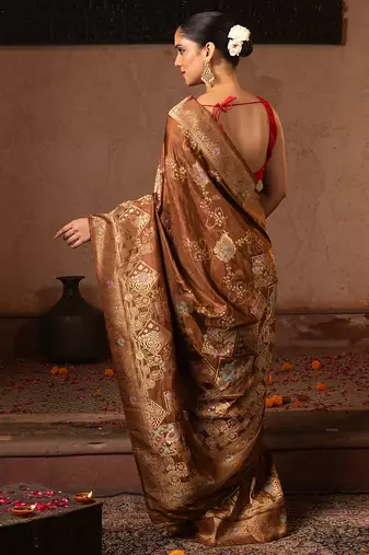 Coffee brown embroidered pure katan silk saree