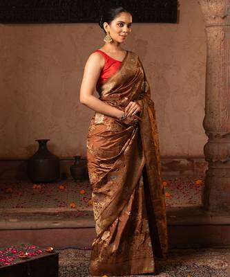 Coffee brown embroidered pure katan silk saree 3
