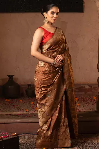 Coffee brown embroidered pure katan silk saree