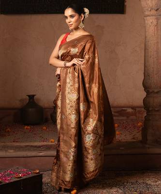 Coffee brown embroidered pure katan silk saree 4
